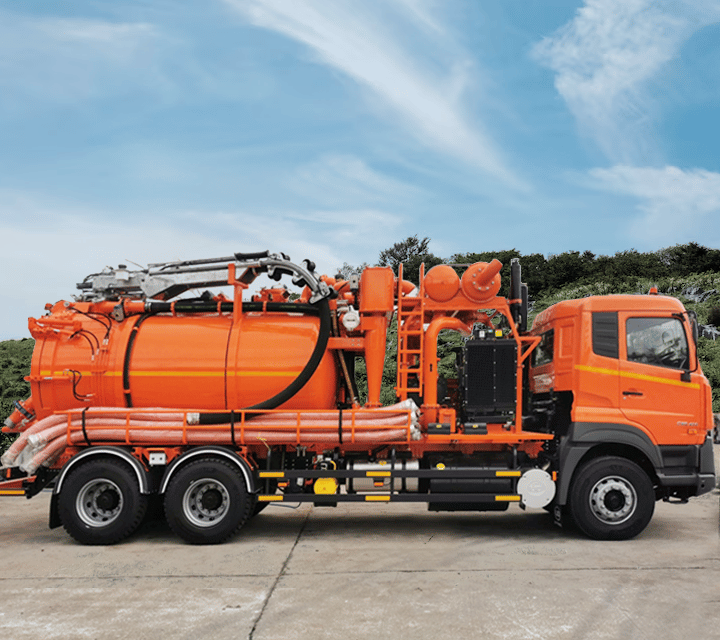 A vacuum tank truck